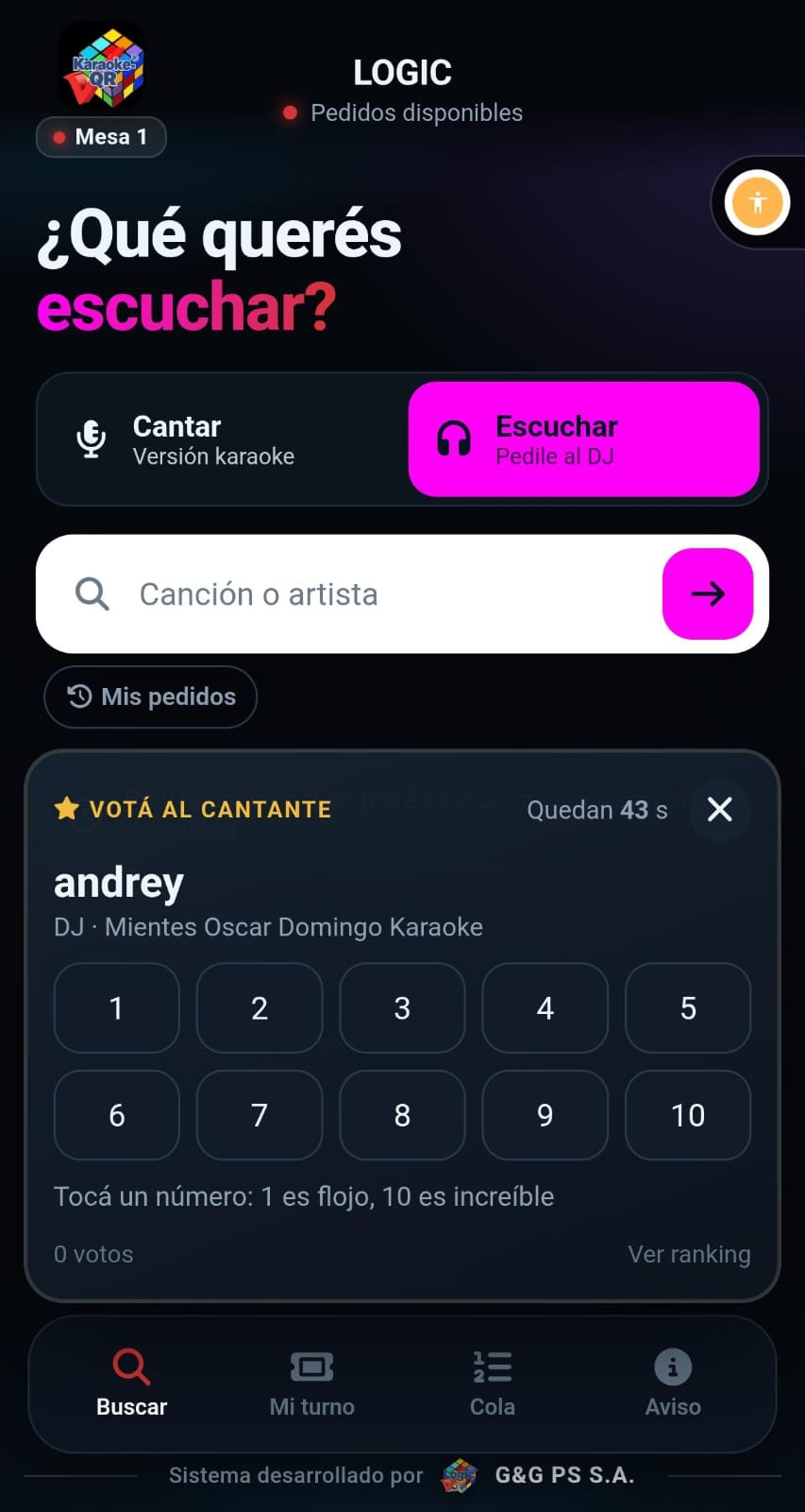 Pantalla de participación de KaraokeQR
