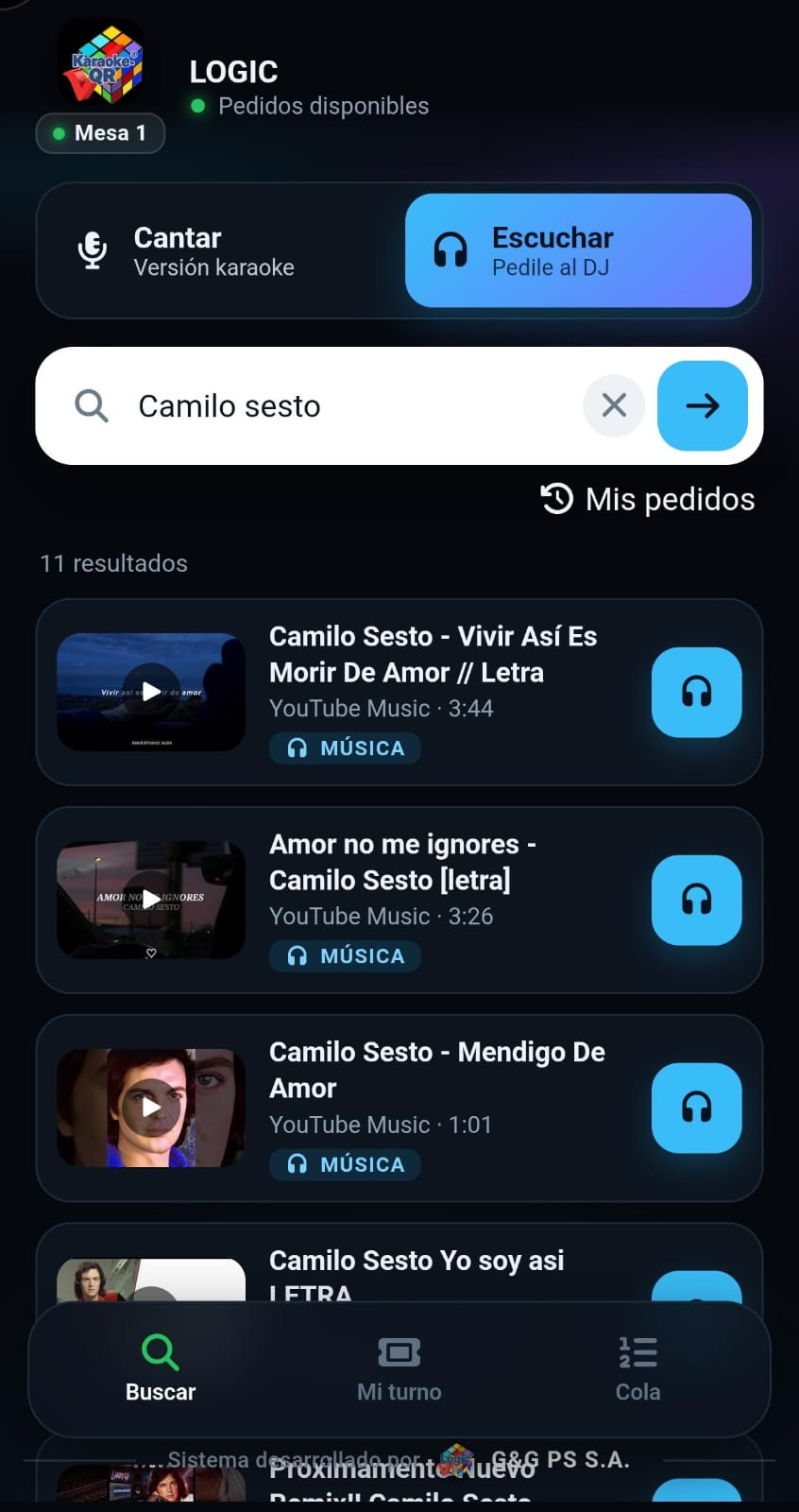 Pantalla de KaraokeQR para pedir música desde el celular