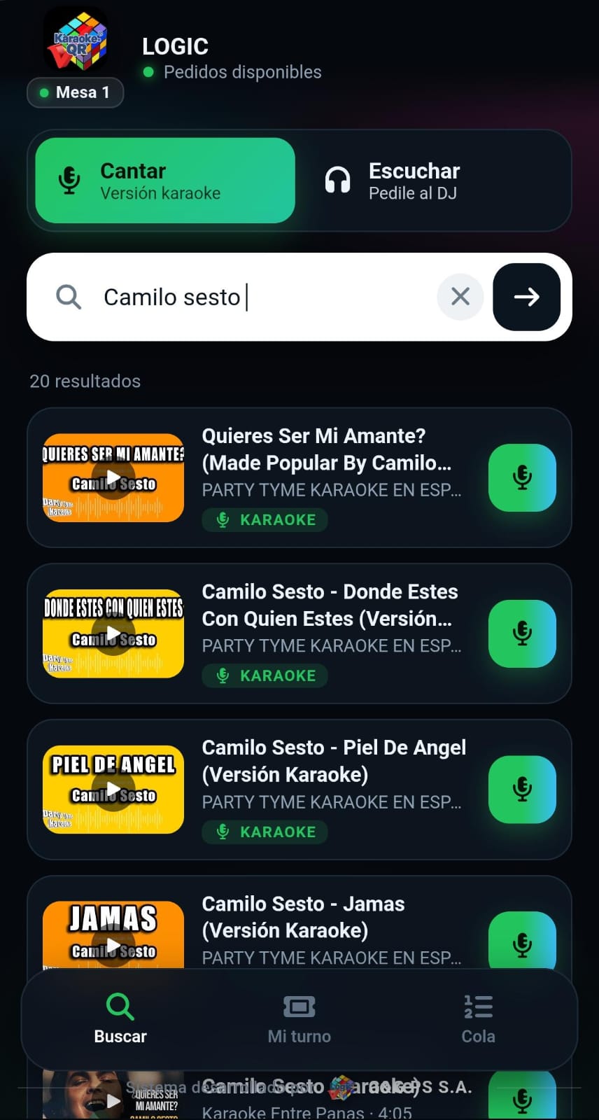Pantalla de KaraokeQR para solicitar canciones de karaoke